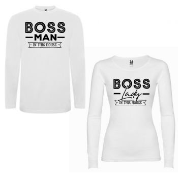 Obiteljski set majica dugih rukava u bijeloj boji Boss Man Boss Lady Obiteljski set majica dugih rukava u bijeloj boji Boss Man Boss Lady