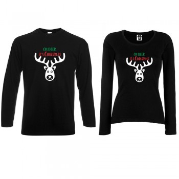 Set bijelih ili crnih majica dugih rukava za parove Oh Deer it's Christmas Set bijelih ili crnih majica dugih rukava za parove Oh Deer it's Christmas