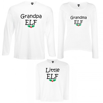 Obiteljski set majica dugih rukava u crnoj ili bijeloj boji Grandpa, Grandma and Little Elf