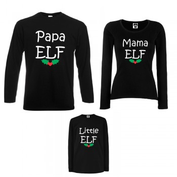 Obiteljski set majica dugih rukava u crnoj ili bijeloj boji  Papa, Mama and Little Elf